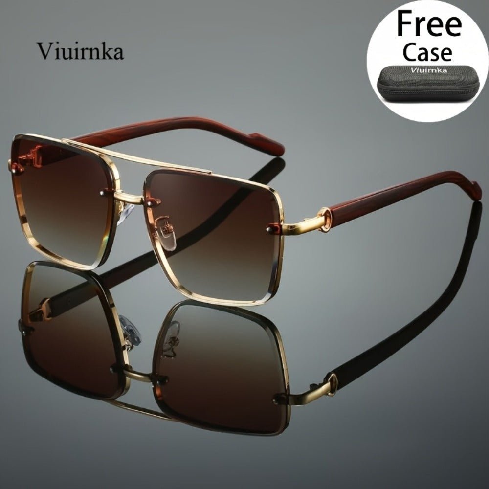 Fashion Sunglasses - Square Double Bridge Wood Grain Gold Frame Gradient Lenses Unisex Retro - product detail view 5