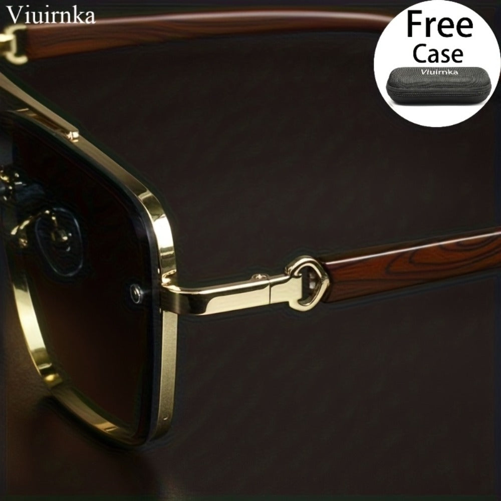 Fashion Sunglasses - Square Double Bridge Wood Grain Gold Frame Gradient Lenses Unisex Retro - product detail view 8