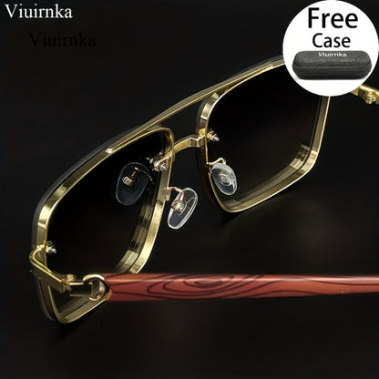 Fashion Sunglasses - Square Double Bridge Wood Grain Gold Frame Gradient Lenses Unisex Retro - product detail view 10