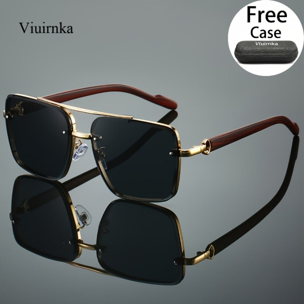 Fashion Sunglasses - Square Double Bridge Wood Grain Gold Frame Gradient Lenses Unisex Retro - product detail view 12