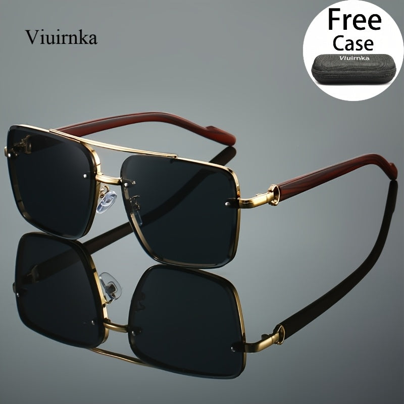 Fashion Sunglasses - Square Double Bridge Wood Grain Gold Frame Gradient Lenses Unisex Retro - product detail view 16