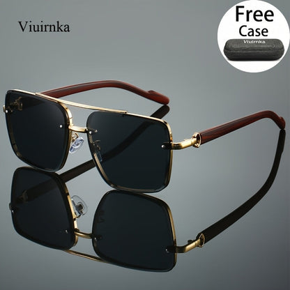 Fashion Sunglasses - Square Double Bridge Wood Grain Gold Frame Gradient Lenses Unisex Retro - product detail view 16