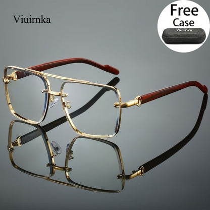 Fashion Sunglasses - Square Double Bridge Wood Grain Gold Frame Gradient Lenses Unisex Retro - product detail view 20