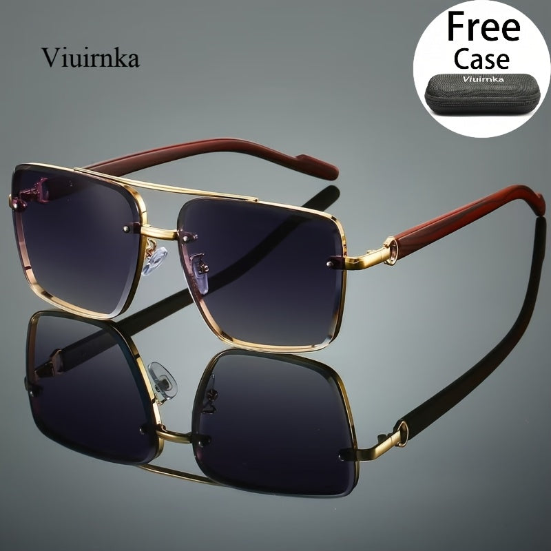 Fashion Sunglasses - Square Wood Grain Temple Double Beam Gold Frame Unisex Retro 7 Gradient - product detail view 11
