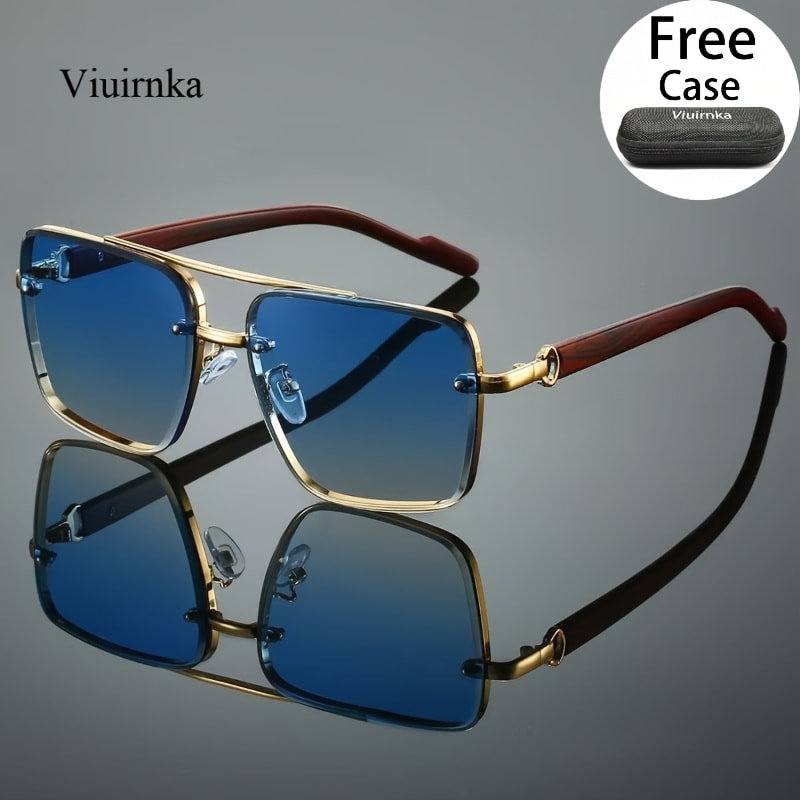 Fashion Sunglasses - Square Wood Grain Temple Double Beam Gold Frame Unisex Retro 7 Gradient - product detail view 13