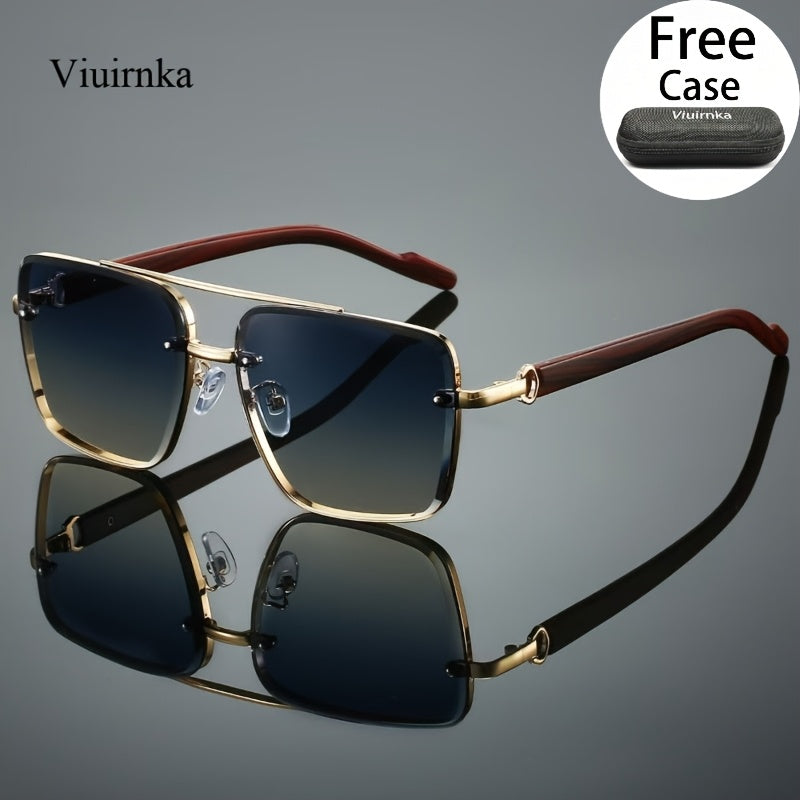Fashion Sunglasses - Square Wood Grain Temple Double Beam Gold Frame Unisex Retro 7 Gradient - product detail view 14