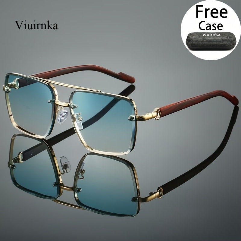 Fashion Sunglasses - Square Wood Grain Temple Double Beam Gold Frame Unisex Retro 7 Gradient - product detail view 15