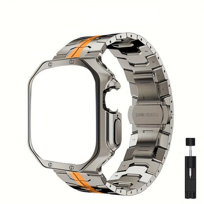 Fashion Watch - Apple Band Stainless Steel Butterfly Clasp Metal Strap with TPU Case - product detail view 14