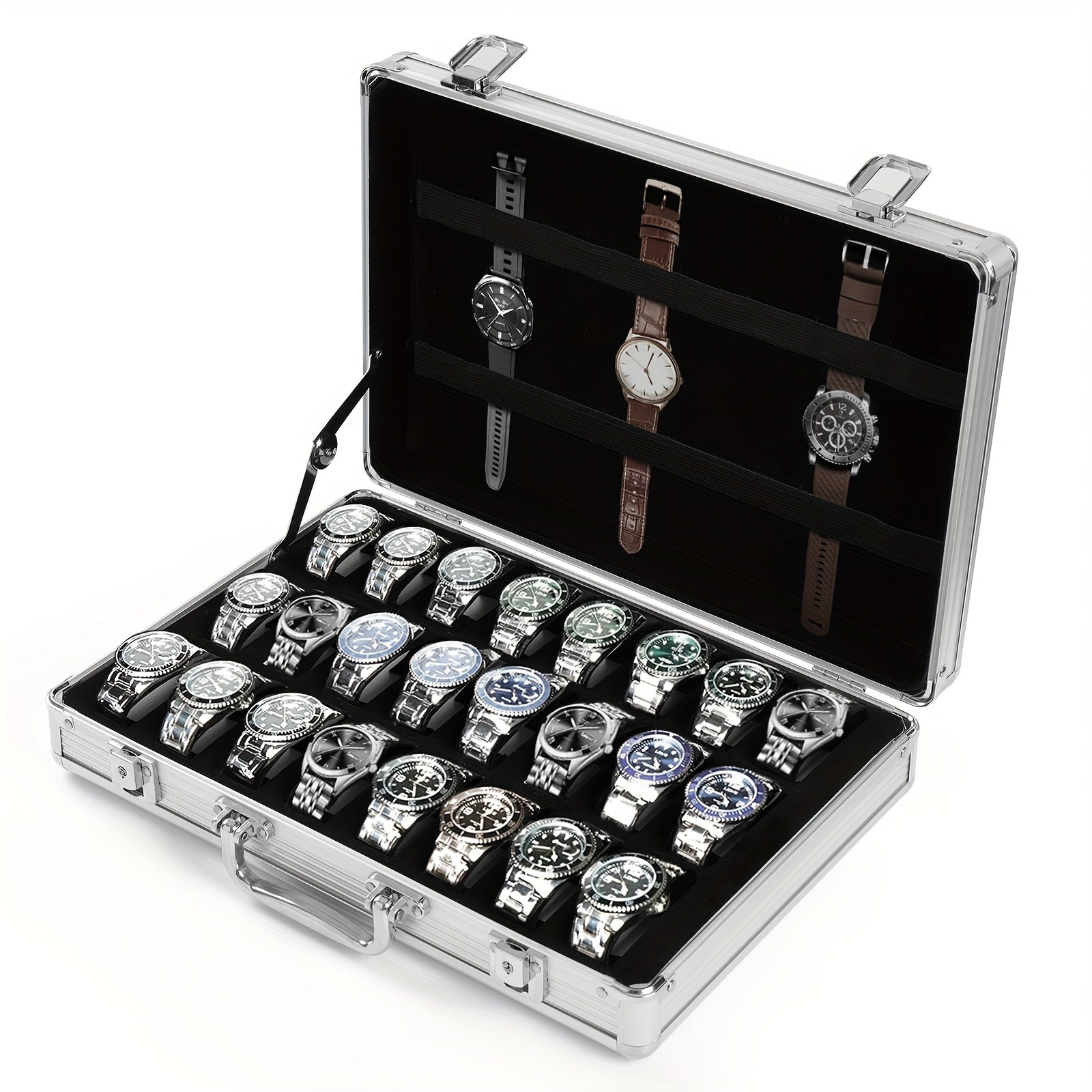 Fashion Watch - Display Case 24 Slot Lockable Aluminum Portable Storage Box with Latch - product detail view 9