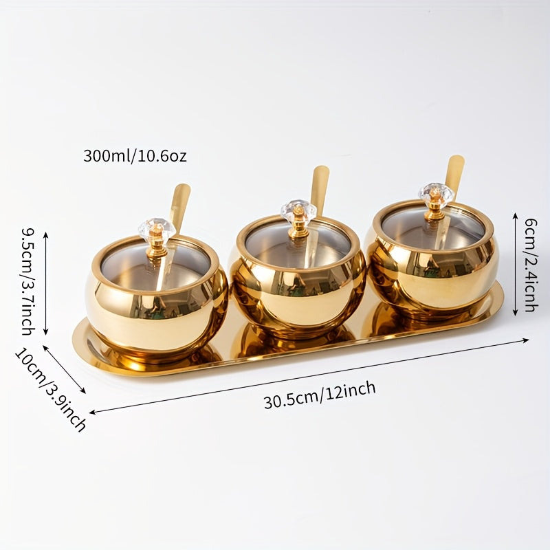 Golden Stainless Steel Seasoning Jar Set 2 or 3pcs Spice Containers with Lid and Spoon for Home Cooking, Dining and Outdoor Meals