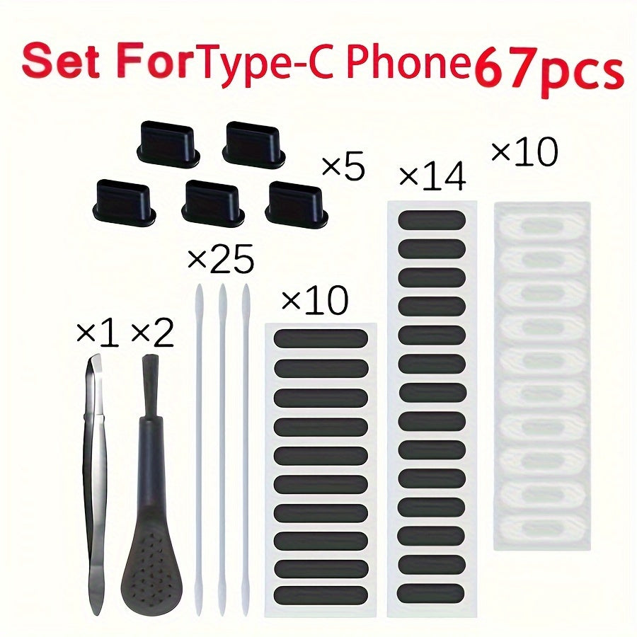 Phone Dust Plug Kit 67PCS – Type-C & Lightning Port Protectors, Speaker Dust Mesh Stickers, Cleaning Brush Set