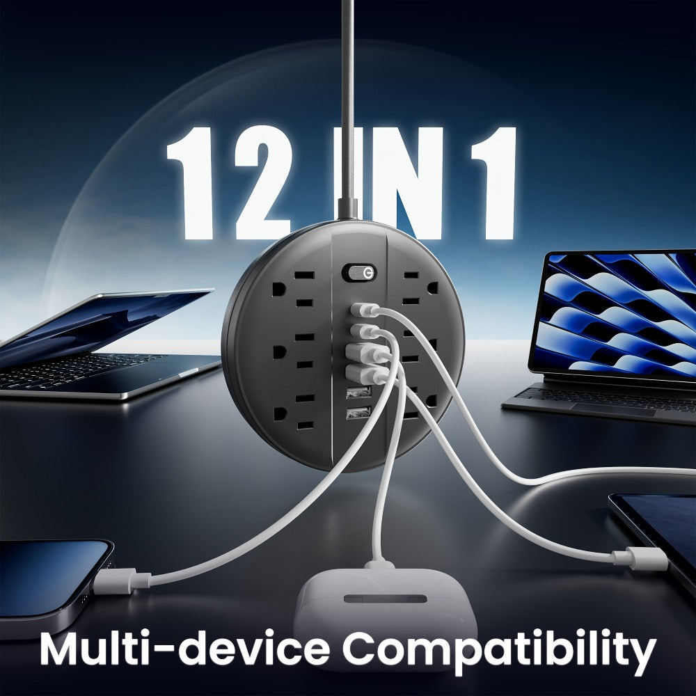 Surge Protector Power Strip 12-in-1 with 6 AC Outlets, 4 USB-A, 2 USB-C and Short, 5 or 10 ft Cord Options