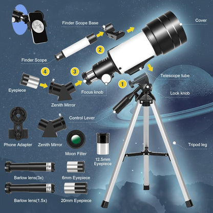 150X Telescope 70mm Aperture for Adults High Power Portable Monocular with Tripod Phone Holder Eyepiece Barlow Lens for Stargazing Nature