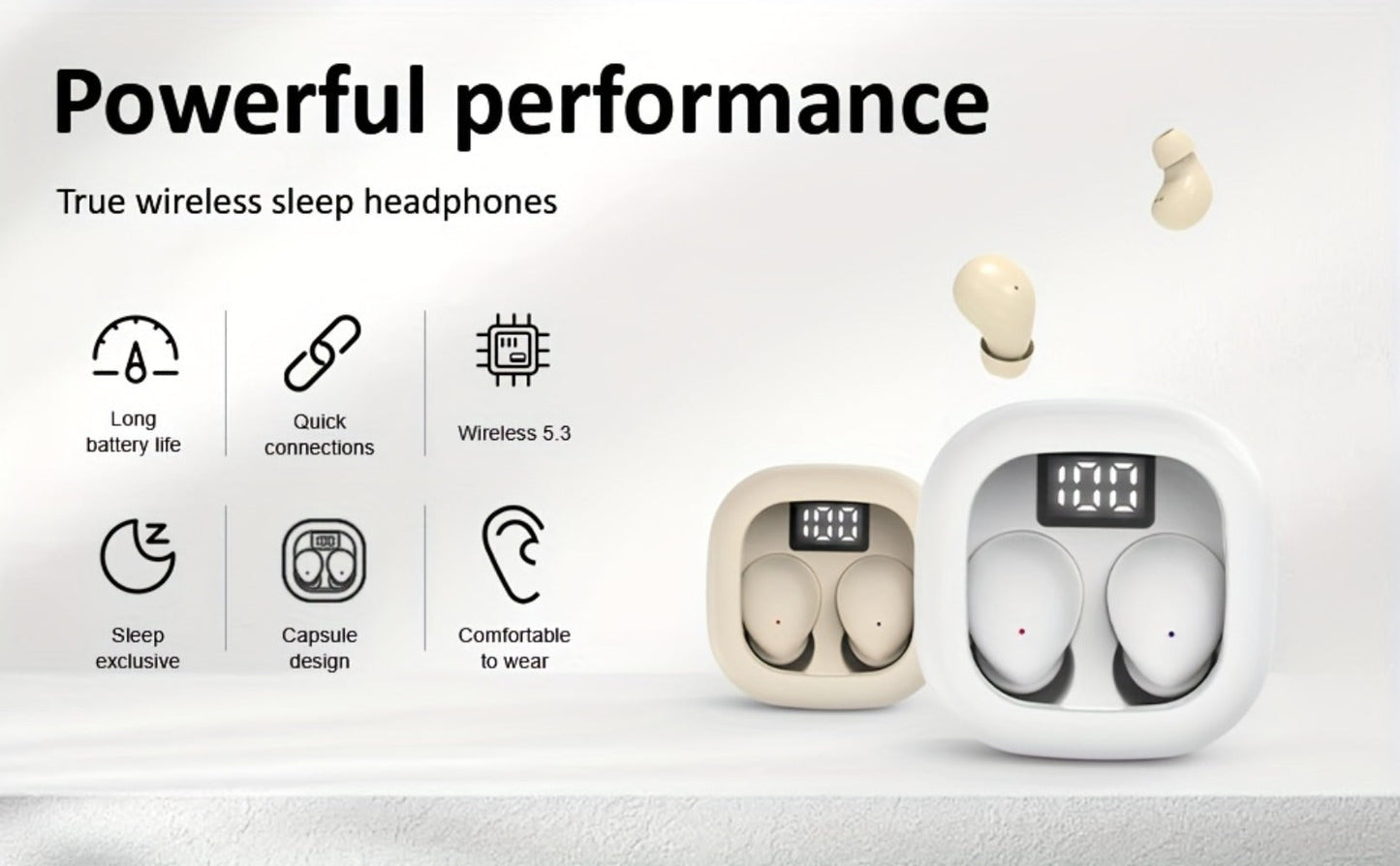 Wireless Earbuds MSHUKCOE Ultra-Thin Sleep and Game Modes with Compact Case in Khaki or White