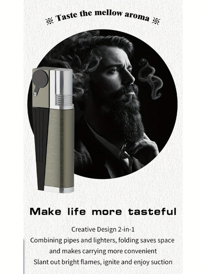 Folding Pipe Lighter Refillable 2-in-1 with Adjustable Flame, Metal-Crafted Durable Design, Gift Box Included