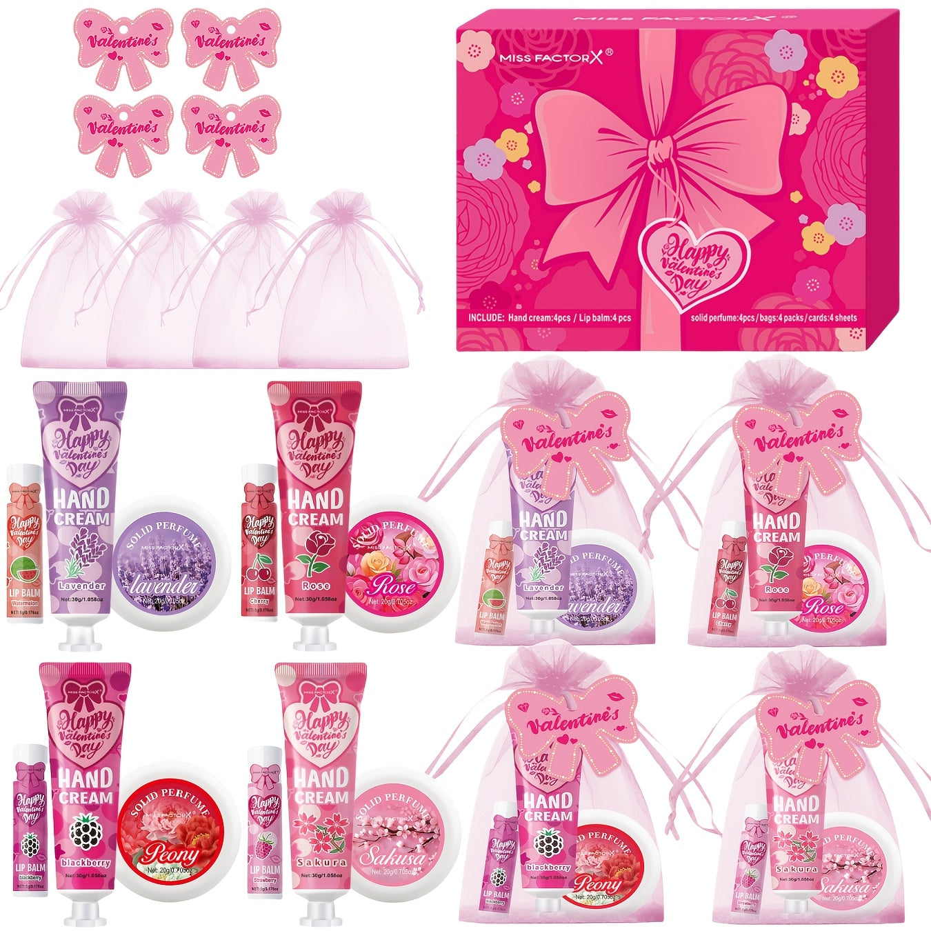 20pcs Beauty Gift Set Lip Balm Hand Cream Solid Perfume Pink Gift Bag Glossy Finish All Skin for Makeup, Travel and Everyday Vanity Use