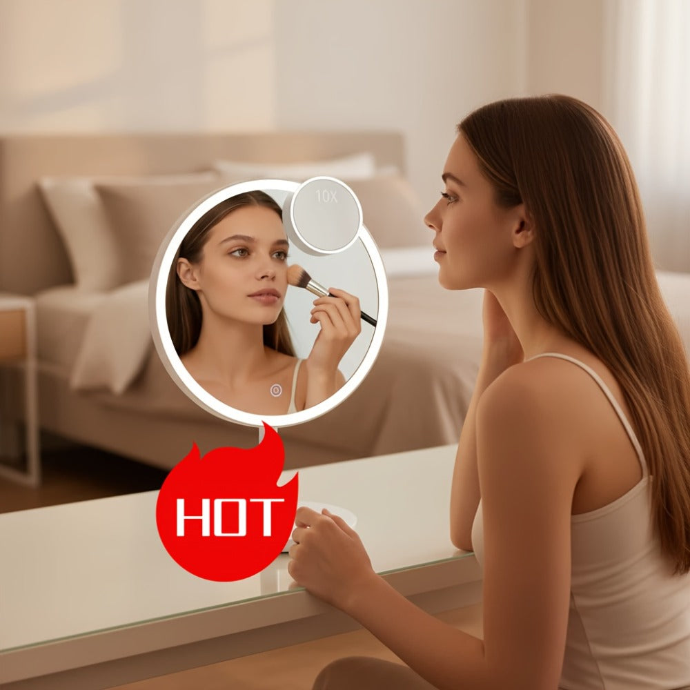 Makeup Mirror Round LED Desktop Stand with Detachable 10X Suction Mirror, Three Light Colors, Touch Dimming and USB Power