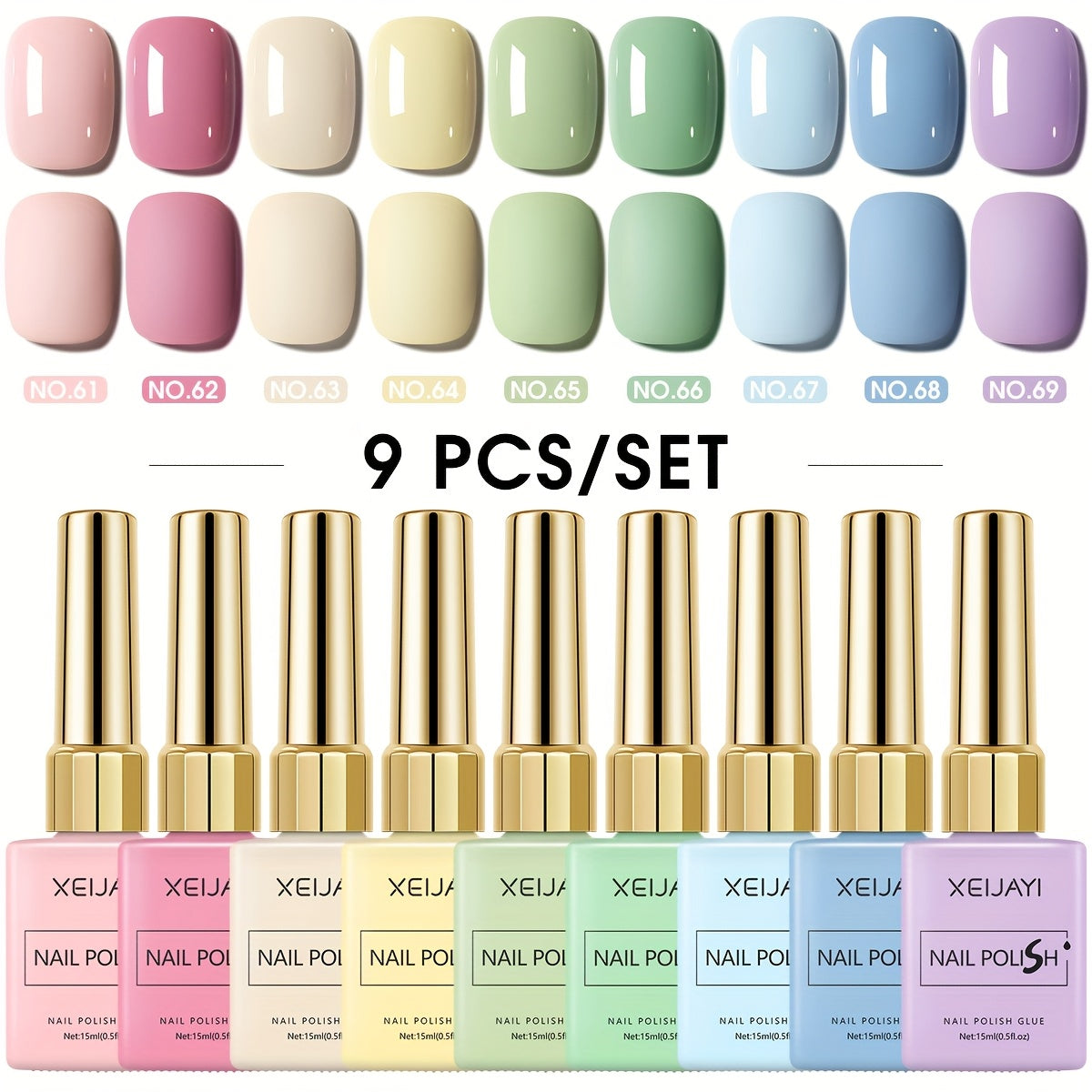 Gel Nail Polish 9-Color Macaron Pastel Set in Square Bottles with High-Saturation Finish and UV/LED Cure for Nail Art
