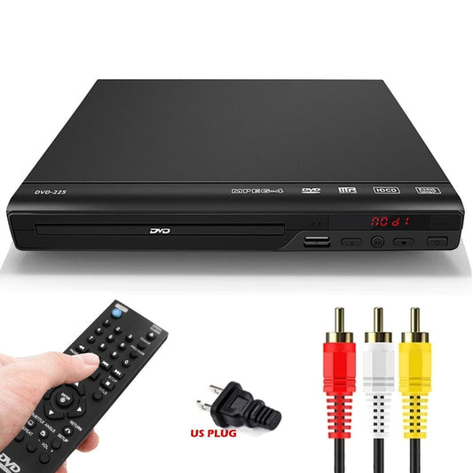 Compact Black DVD Player with USB Port, AV Output, Remote Control, RCA Cable and US Plug for Home TV