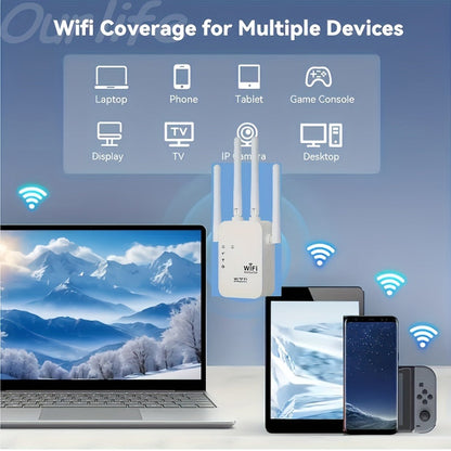 WiFi Extender 1300Mbps Dual Band AP & Relay Mode - 4 Powerful Antennas Full House Coverage, Ethernet Port