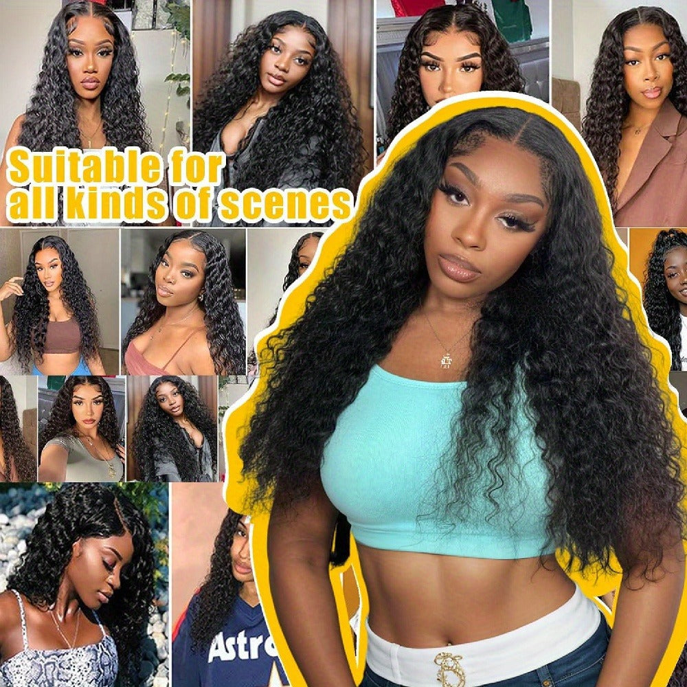 Lace Front Wig Deep Wave Human Hair, 28- or 34-Inch Natural Black with 13x4 HD Front and 250% Density