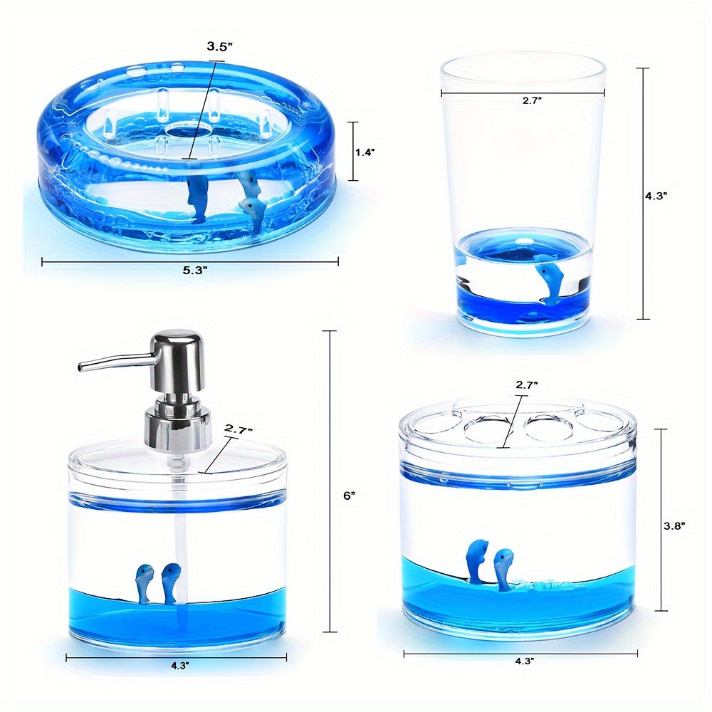 Bathroom Accessory Set 4-Piece 3D Floating Motion Acrylic Liquid Vanity Kit - Tumbler, Toothbrush Holder