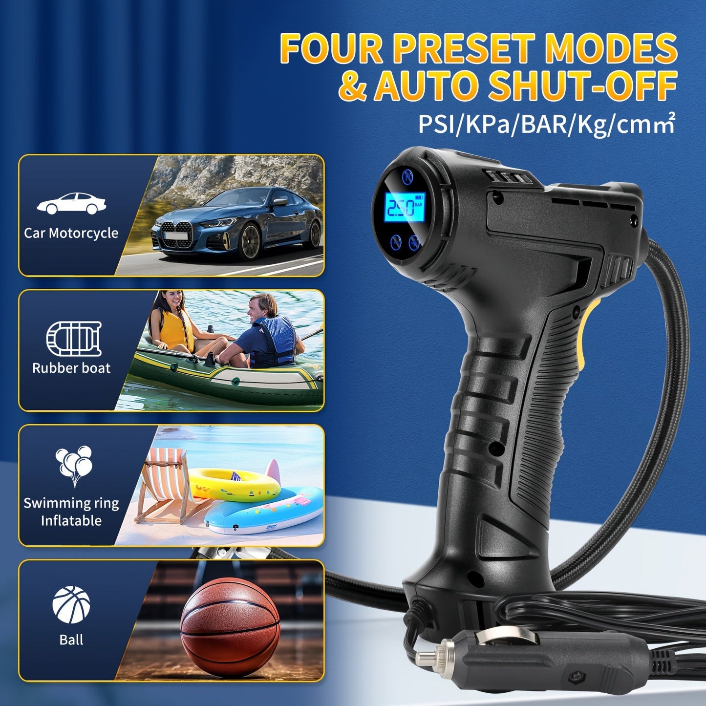 Portable Air Compressor 5200mAh – Wireless Rechargeable Tire Inflator with Digital Pressure Gauge for Car, Bicycle & Ball, Auto Shut-Off