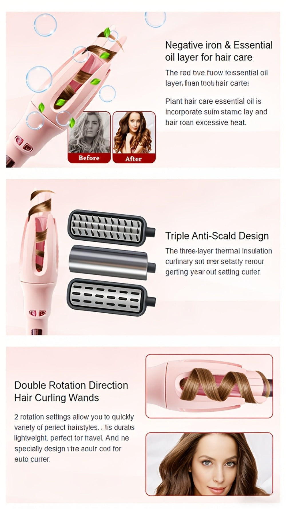 Automatic Rotating Curling Iron 4 Temperature Settings 40M Negative Ion Ceramic Barrel, for Home, Travel and Salon Hair Styling