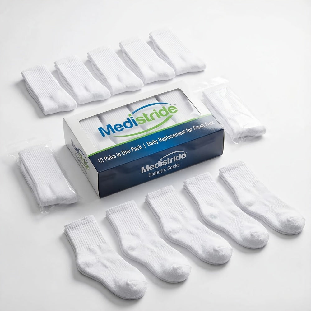 12-Pair Crew-Length Diabetic Sock Set for Adults in White, Black or Grey with 9-11 and 10-13 Sizes