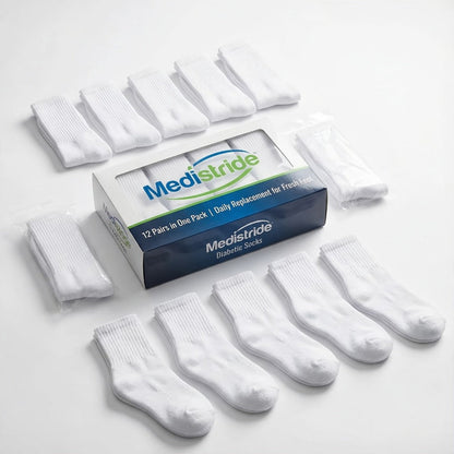 12-Pair Crew-Length Diabetic Sock Set for Adults in White, Black or Grey with 9-11 and 10-13 Sizes