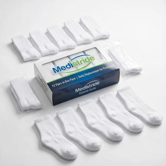 12-Pair Crew-Length Diabetic Sock Set for Adults in White, Black or Grey with 9-11 and 10-13 Sizes