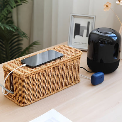 Rattan Cable Management Box with Lid Woven Cord Organizer – Stylish Power Strip Cover Wire Hider for Home Office Living Room Desk Bedroom