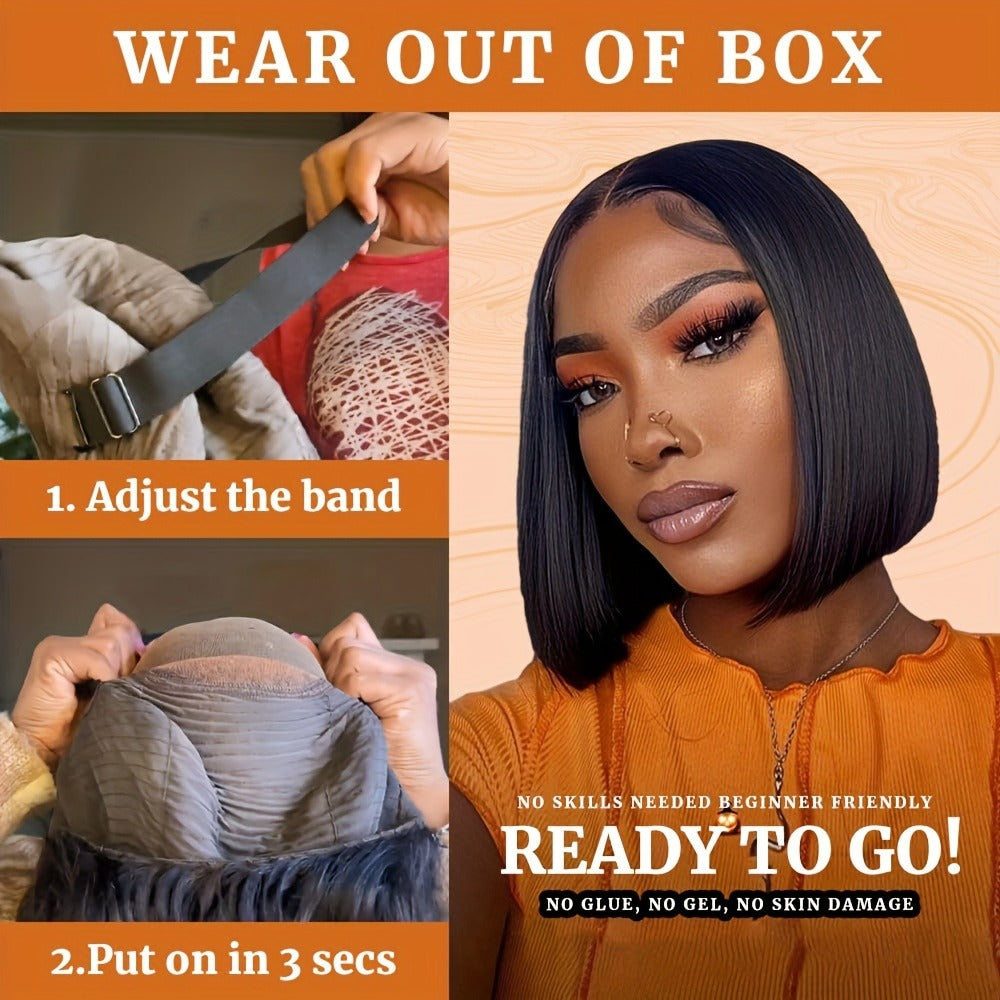 Bob Wig Human Hair 4x4 HD Lace Closure Glueless Short Straight Pre-Plucked Pre-Cut Lace Put, for Home, Travel and Salon Hair Styling