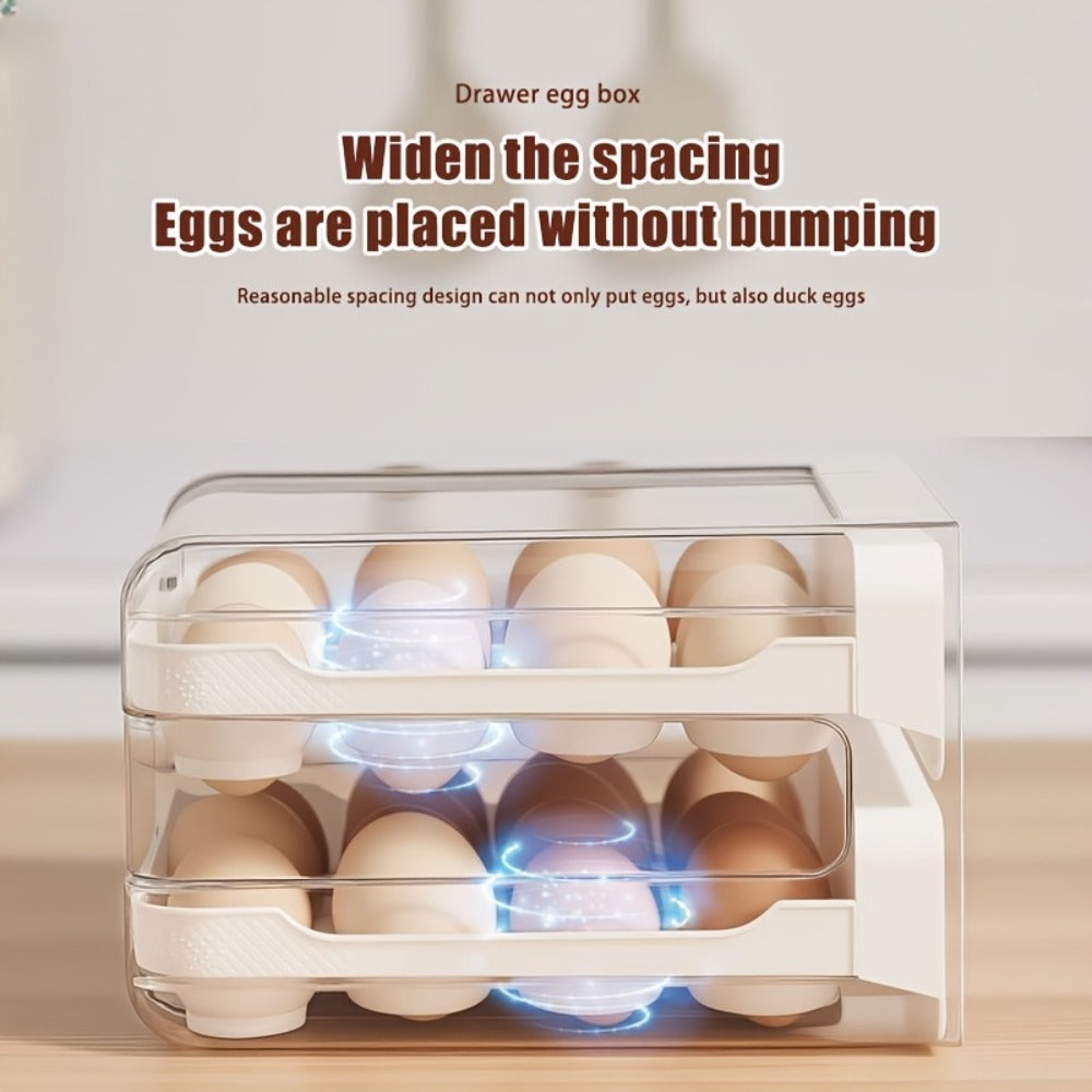 Egg Storage Container 32 Grid Double Layer with Drawer | Fridge Egg Holder Organizer | Sturdy PET+PP Stackable Egg Tray for Refrigerator