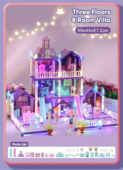 LED Dollhouse Playset for Girls, Purple Multi-Room Playhouse with Doll Figures, Puppies, Furniture & LED Lighting