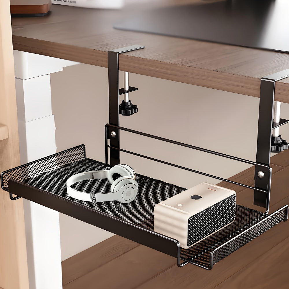 Clamp-On Cable Management Tray No Drill, Under Desk Wire Organizer Alloy Steel Mesh Holds, Fits 0.4"-2.4" Desks