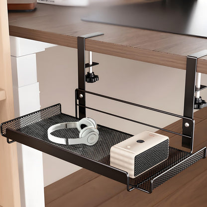 Clamp-On Cable Management Tray No Drill, Under Desk Wire Organizer Alloy Steel Mesh Holds, Fits 0.4"-2.4" Desks