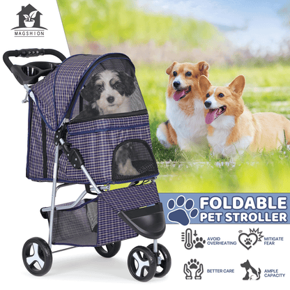 Three-Wheel Pet Stroller with Folding Mesh Cabin, Cup Tray, Lower Basket and Eleven Color or Print Options