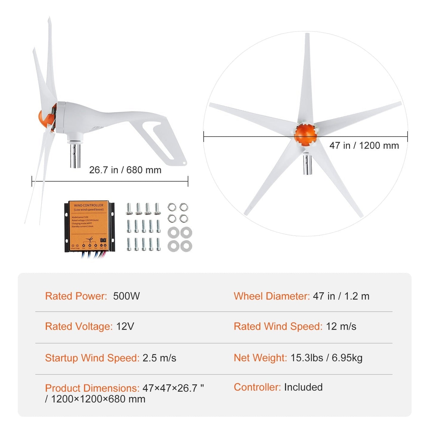 Wind Turbine Generator 500W 12V 5-Blade MPPT Controller Home Power System Kit for RV Boat Farm Off-Grid Energy