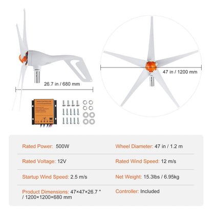 Wind Turbine Generator 500W 12V 5-Blade MPPT Controller Home Power System Kit for RV Boat Farm Off-Grid Energy