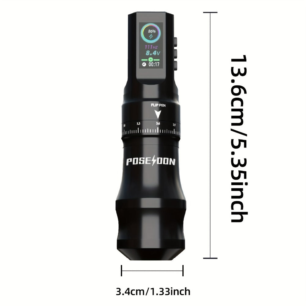 Tattoo Machine Kit POSEIDON TU33 Wireless Rotary Pen with LCD Color Screen, USB-C, 20 Cartridges and 11 Inks