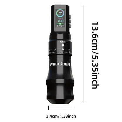 Tattoo Machine Kit POSEIDON TU33 Wireless Rotary Pen with LCD Color Screen, USB-C, 20 Cartridges and 11 Inks