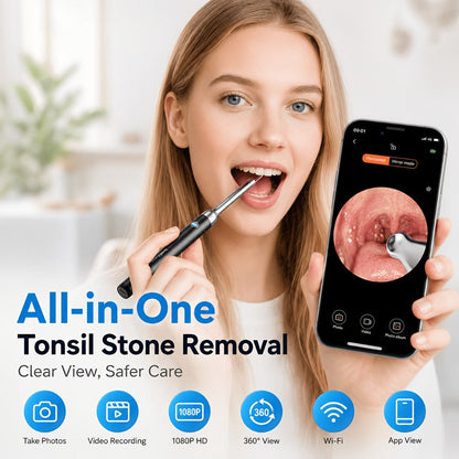 Tonsil Stone Remover with Camera - 1080P HD Visual Tonsil Stone Removal Tool with LED Light, 5-in-1 Stainless Steel Tips