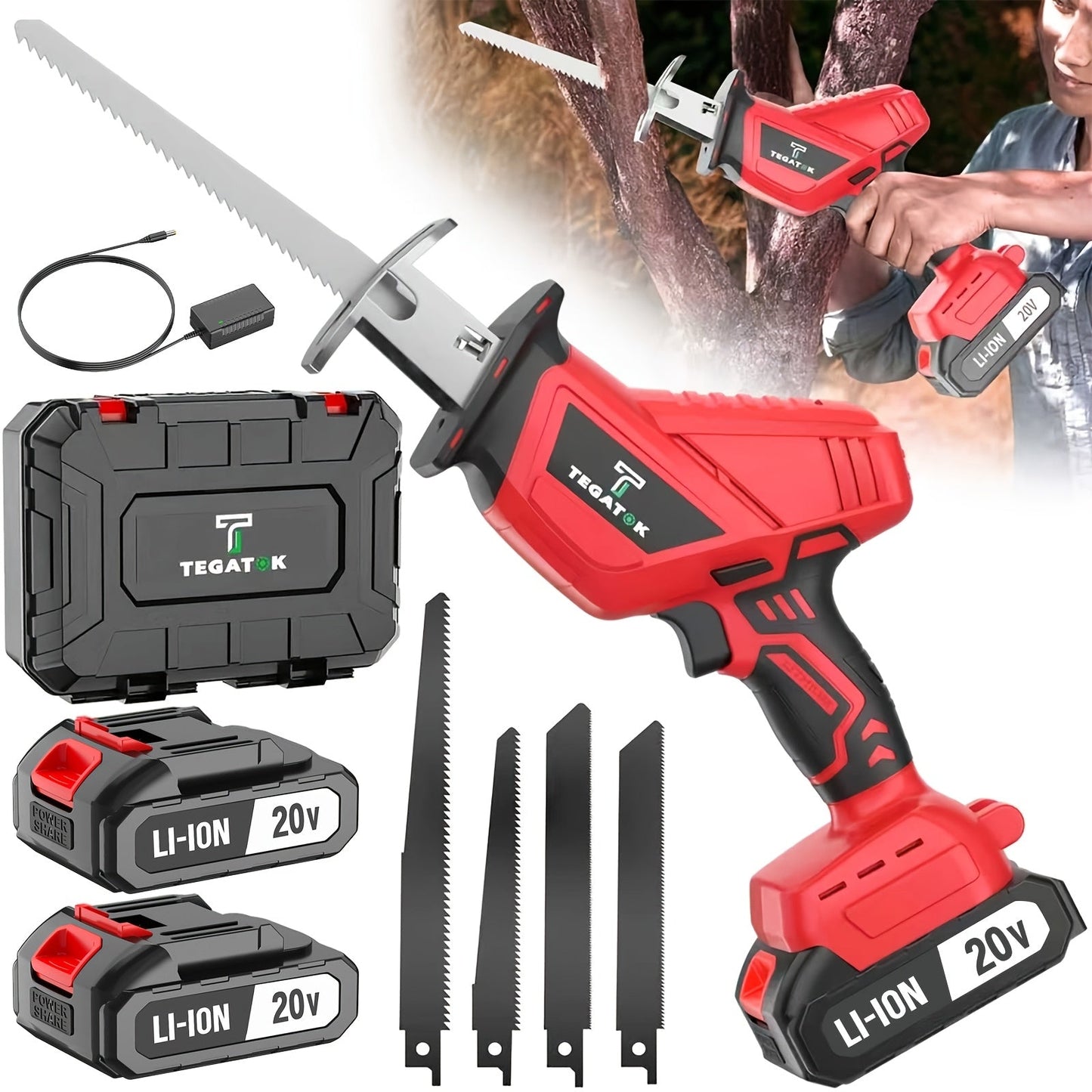 Electric Reciprocating Saw Cordless with LED Light & Safety Lock, Multi-Purpose Cutting Tool with Replaceable Blades