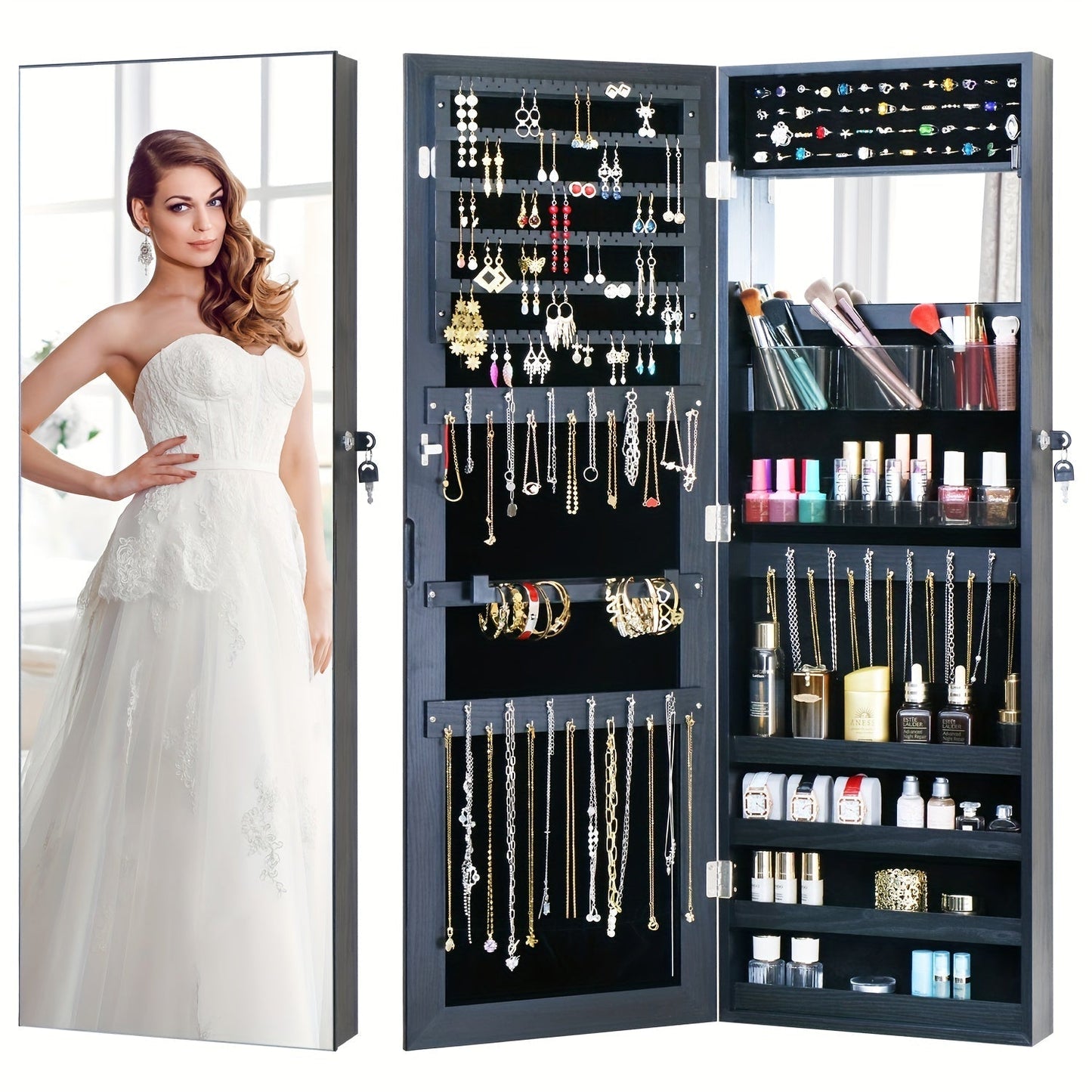 Full Length Mirror Jewelry Armoire Cabinet, 2-in-1 Lockable Over the Door Mirror with Jewelry Storage, Makeup Organizer with Baskets Bins