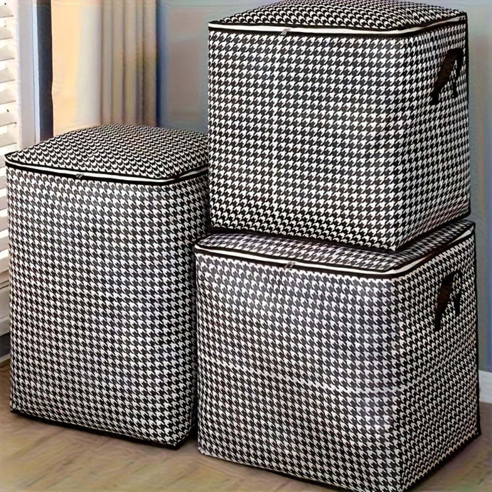 Large Storage Bags Houndstooth Non-Woven Fabric Organizer with Double Zipper & Handles – 160L/180L Dustproof Foldable Storage Box