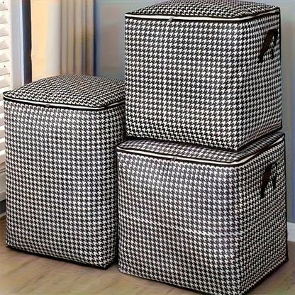 Large Storage Bags Houndstooth Non-Woven Fabric Organizer with Double Zipper & Handles – 160L/180L Dustproof Foldable Storage Box