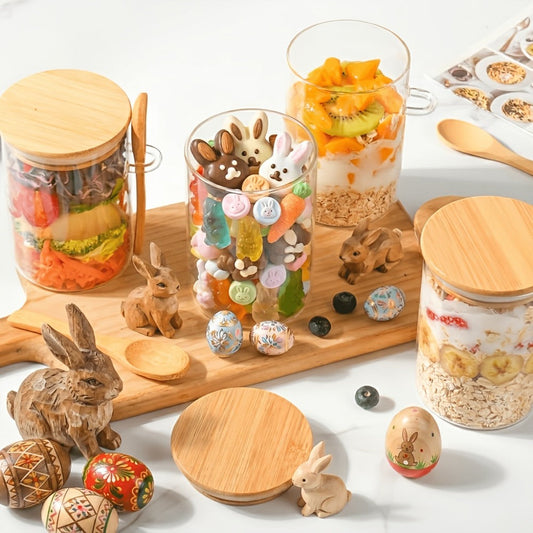 Overnight Oats Jars with Bamboo Lids & Spoons, 500ml Glass Meal Prep Containers, Dessert Bowl Set for Chia Pudding