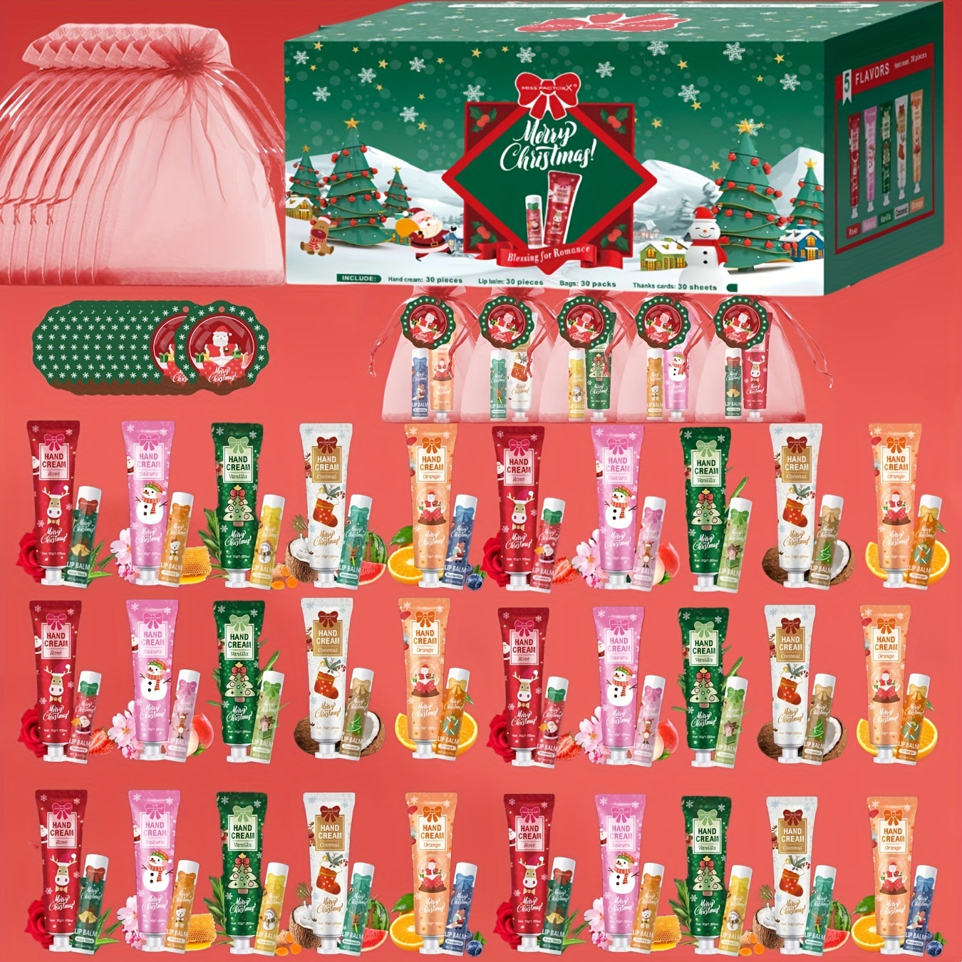 Bulk Gift Set 120 Pieces Lip Balm & Hand Cream with Red Velvet Bags & Holiday Cards – Moisturizing Party Favors for Colleagues