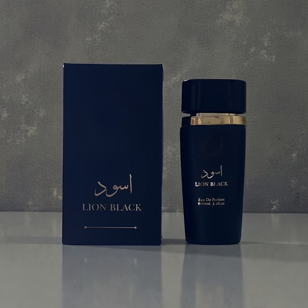 Men's Cologne Lion Black 100ml Eau de Parfum Spray in Deep Blue Cylindrical Bottle with Matching Box
